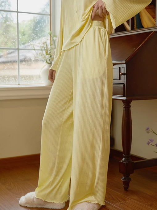 Soft Yellow Ruffled Collar Pajama Set