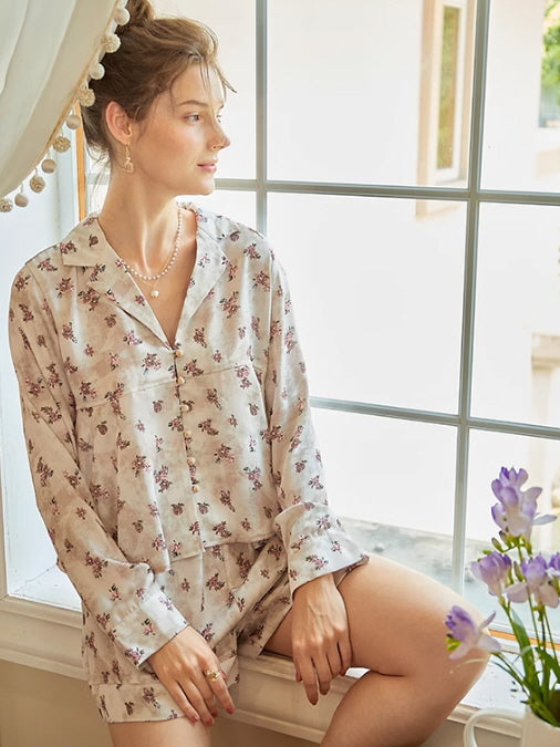 Vintage Floral Long-Sleeve Pajama Set
