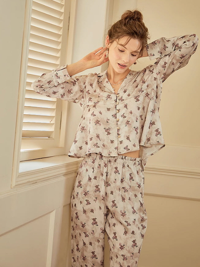 Vintage Floral Long-Sleeve Pajama Set