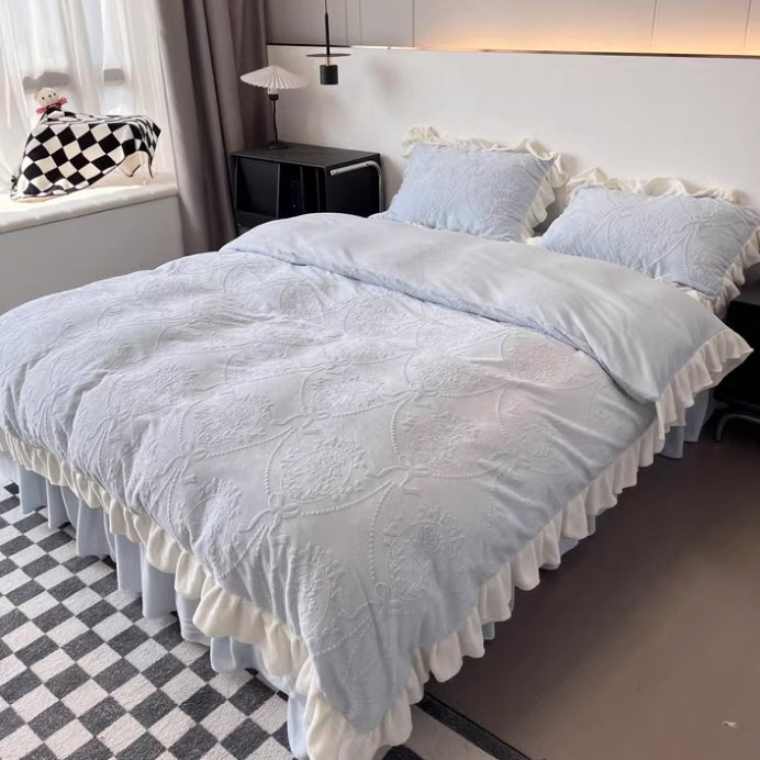 Princess Ruffled Light Blue Velvet Bedding Set