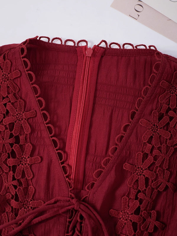 Ruby Elegance Lace-Up Maxi Dress