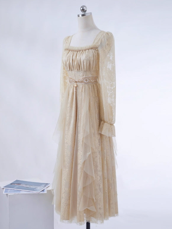 Golden Elegance Vintage Lace Dress