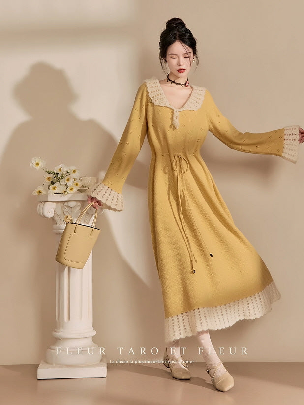 Golden Daydream Crochet Trim Knit Dress