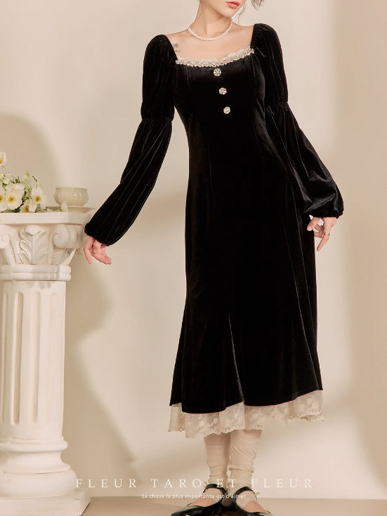 Victorian Elegance Black Velvet Dress