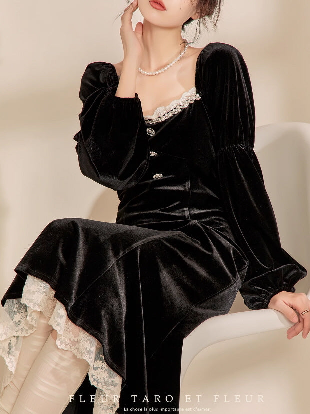 Victorian Elegance Black Velvet Dress