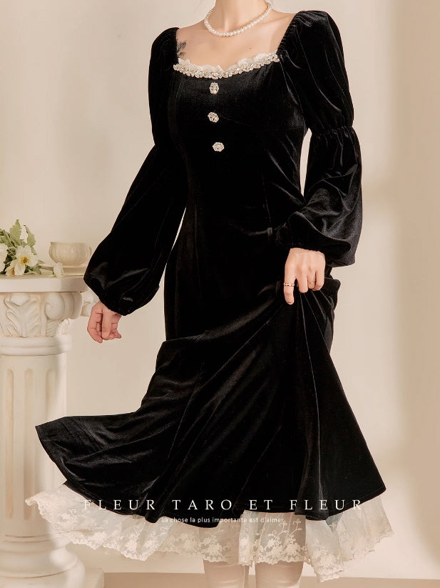 Victorian Elegance Black Velvet Dress