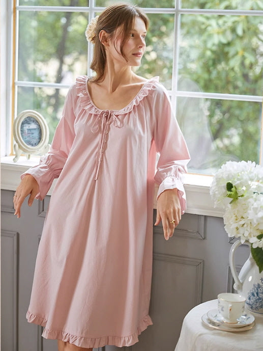 Blush Pink Ruffle-Trim Modal Cotton Nightgown