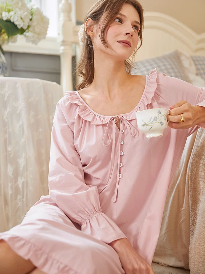 Blush Pink Ruffle-Trim Modal Cotton Nightgown