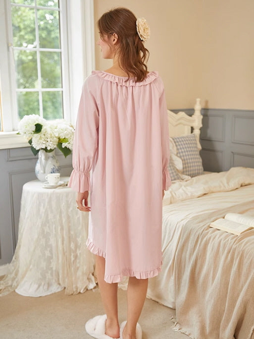 Blush Pink Ruffle-Trim Modal Cotton Nightgown