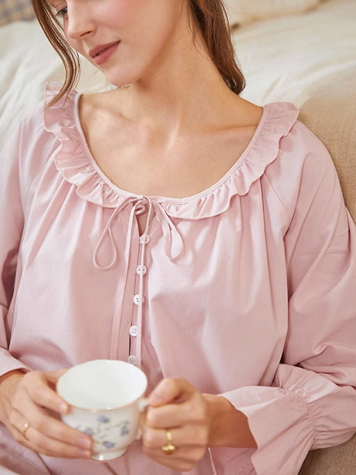 Blush Pink Ruffle-Trim Modal Cotton Nightgown