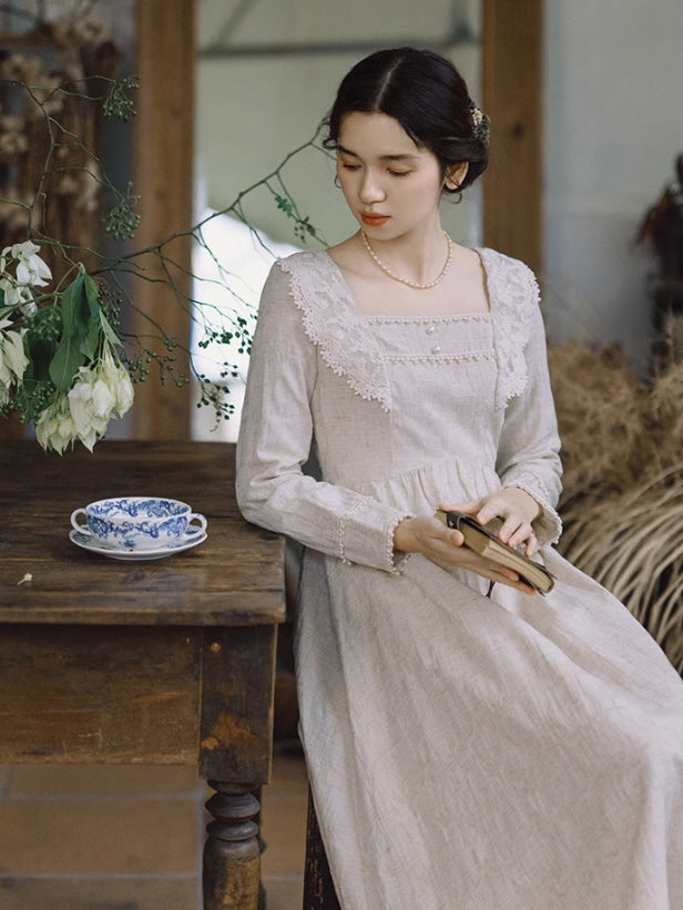 Cottagecore Lace Trim Linen Dress