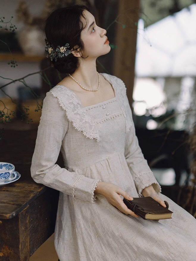 Cottagecore Lace Trim Linen Dress