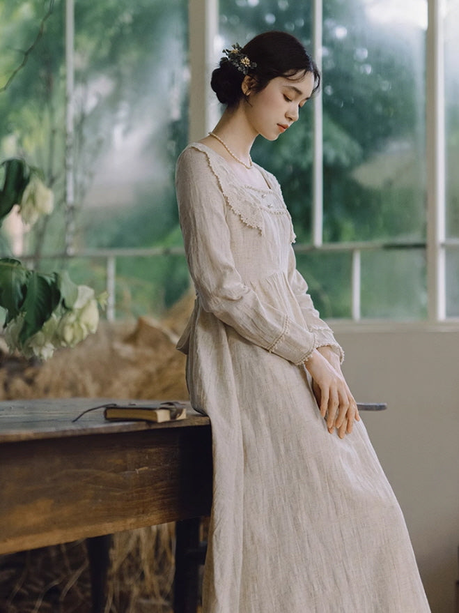 Cottagecore Lace Trim Linen Dress