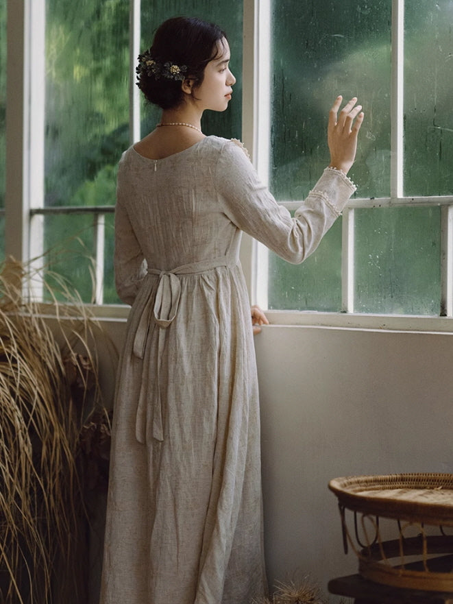 Cottagecore Lace Trim Linen Dress