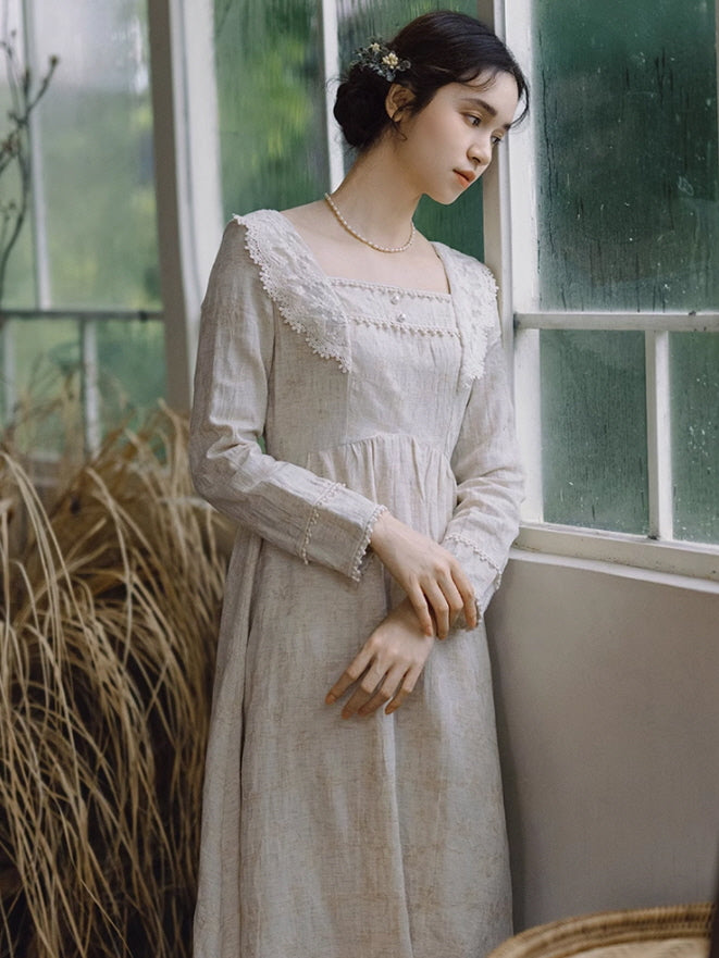 Cottagecore Lace Trim Linen Dress