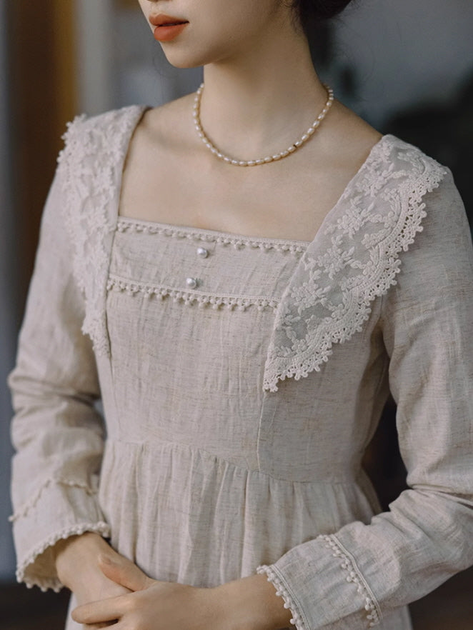 Cottagecore Lace Trim Linen Dress