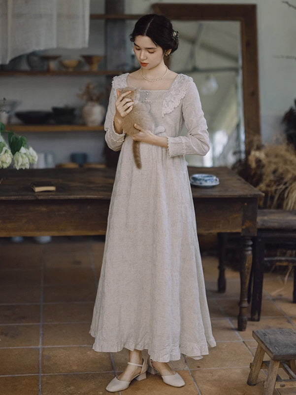 Cottagecore Lace Trim Linen Dress