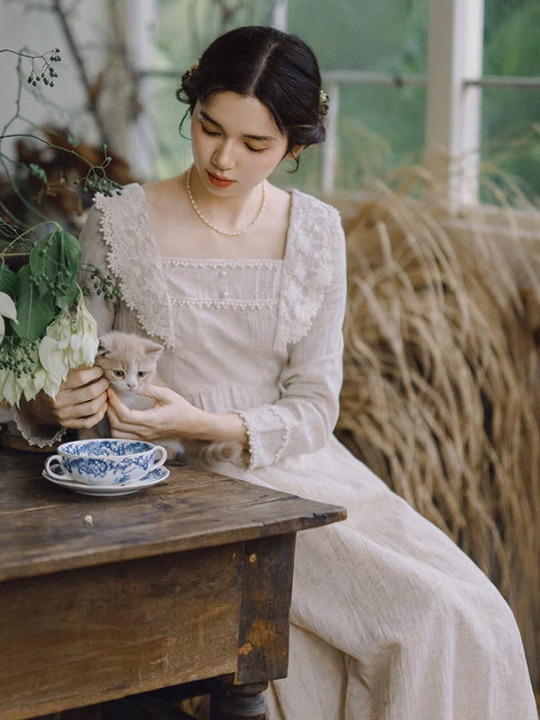 Cottagecore Lace Trim Linen Dress
