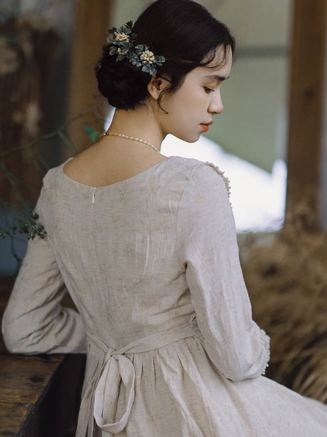Cottagecore Lace Trim Linen Dress