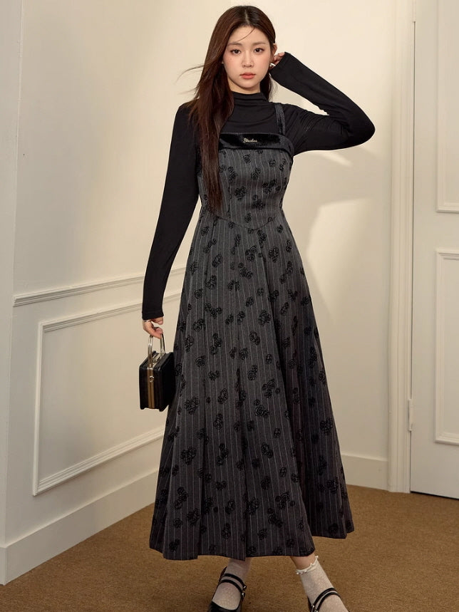 Elegance Noir Floral Velvet Embroidered Pinafore Dress Elegance Noir Floral Velvet Embroidered Pinafore Dress