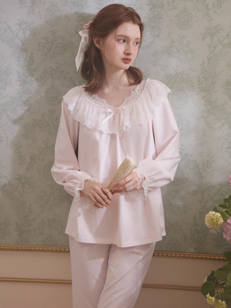 Graceful Lace Trim Cotton Pajama Set