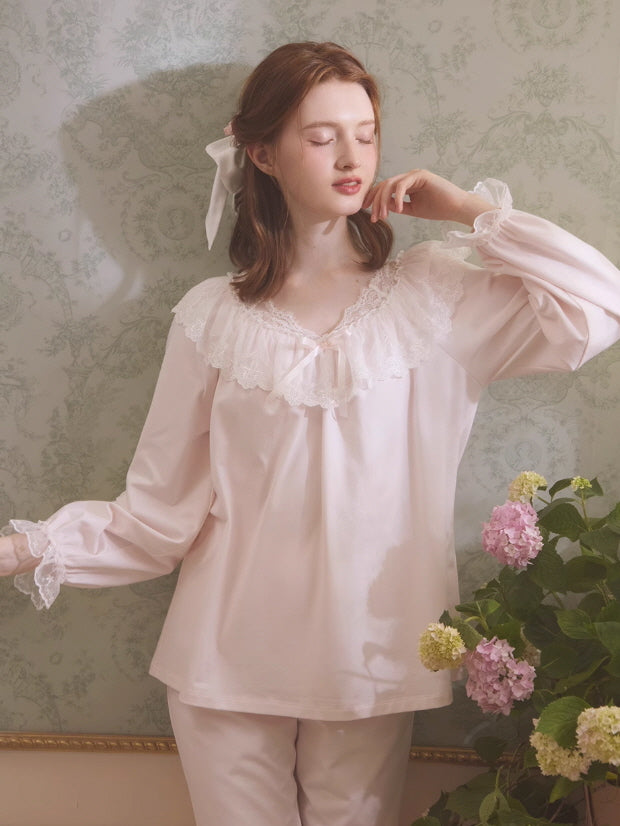 Graceful Lace Trim Cotton Pajama Set