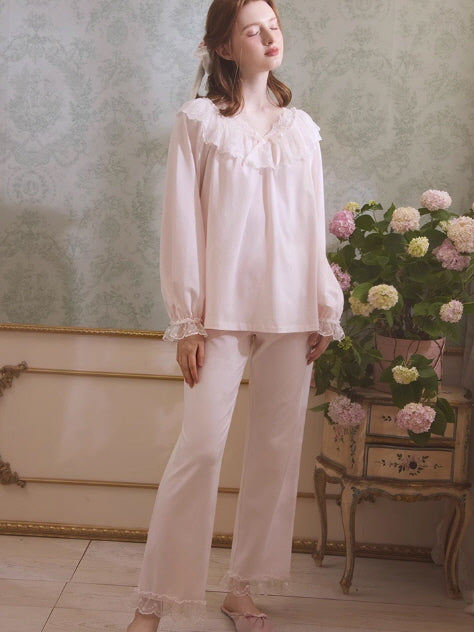 Graceful Lace Trim Cotton Pajama Set