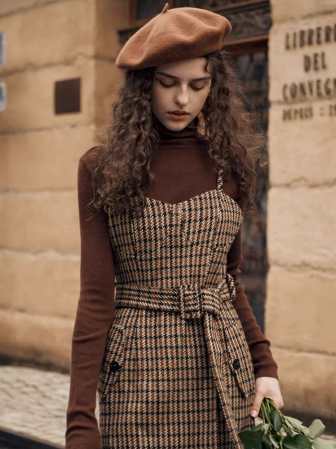 Brown Check Herringbone Dress – Vintage Aesthetic Outfit