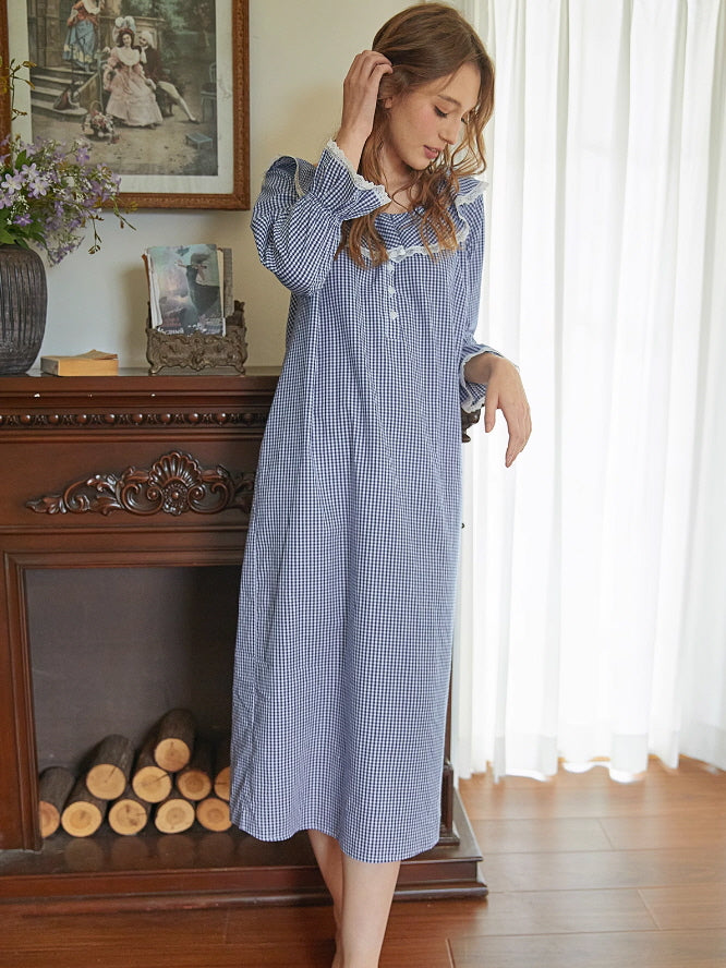 Cottagecore Gingham Lace-Trim Nightgown