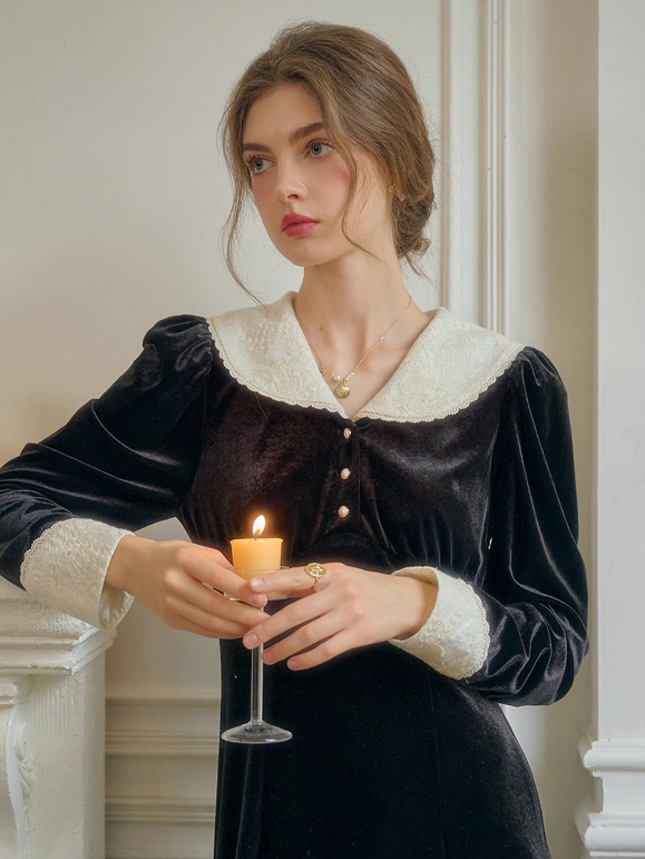 Black Velvet Victorian Dress - Lace Collar | Pearl Buttons