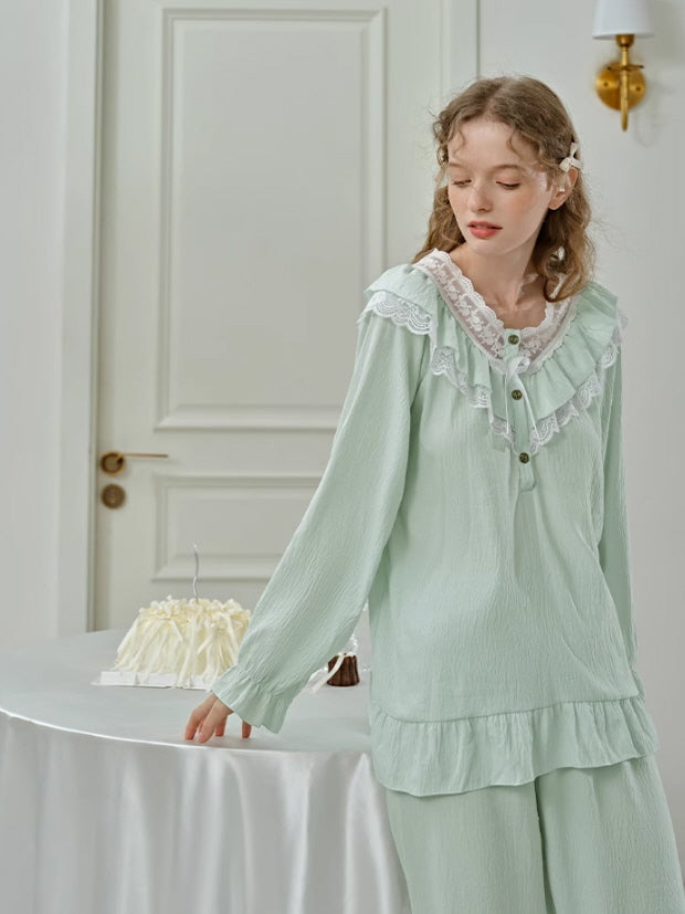 Mint Ruffle Lace Cottagecore Pajama Set