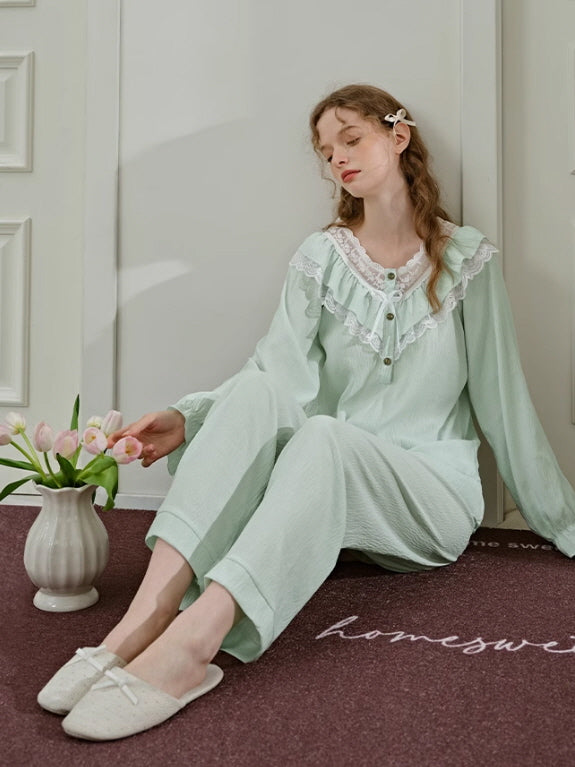 Mint Ruffle Lace Cottagecore Pajama Set