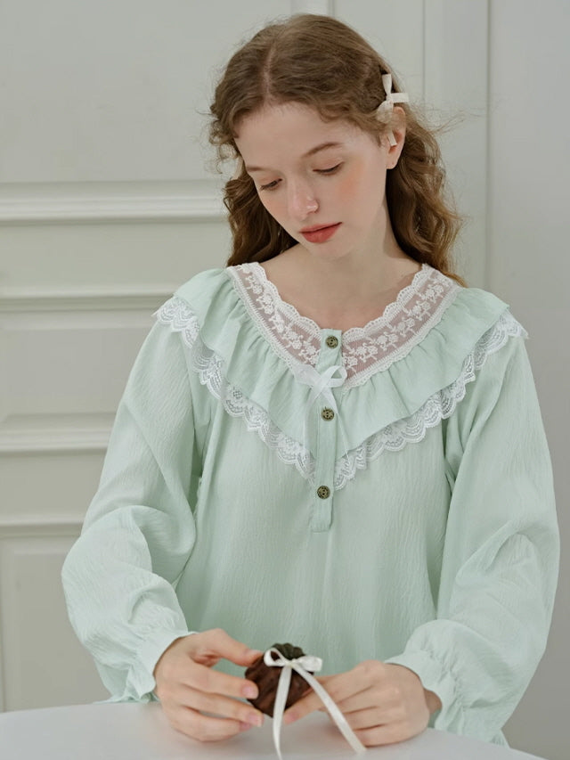 Mint Ruffle Lace Cottagecore Pajama Set