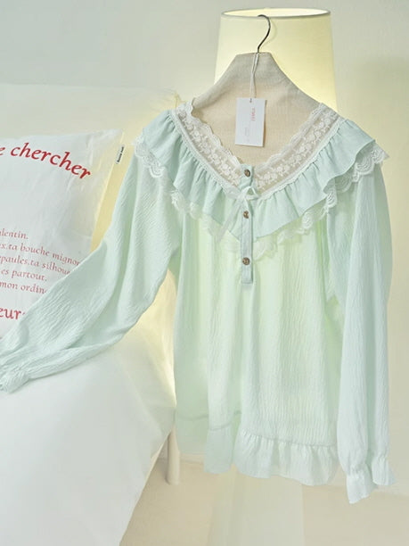 Mint Ruffle Lace Cottagecore Pajama Set