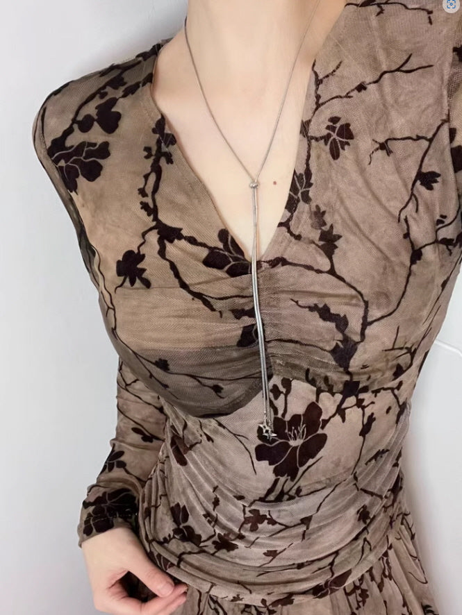 Brown Bloom Vintage Mesh Dress