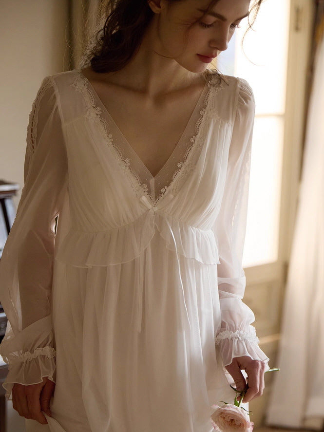 Ethereal Lace Trim Long Sleeve Nightgown