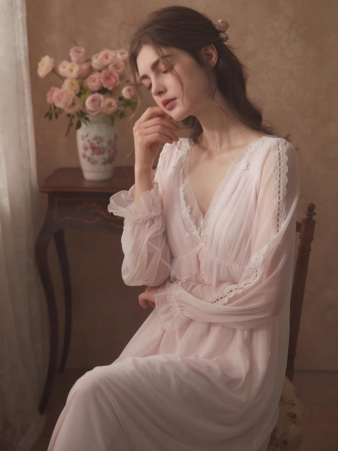 Ethereal Lace Trim Long Sleeve Nightgown