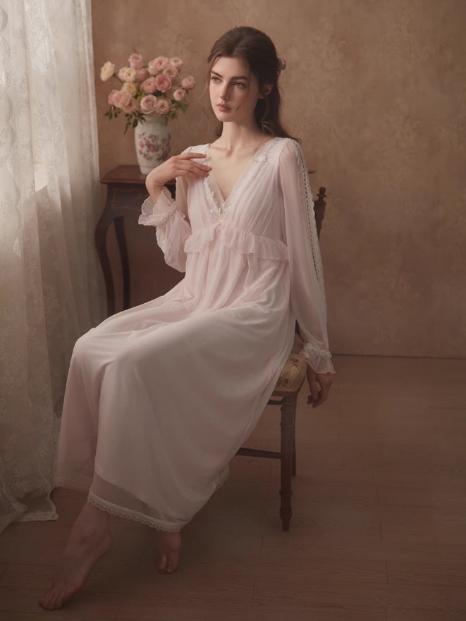 Ethereal Lace Trim Long Sleeve Nightgown
