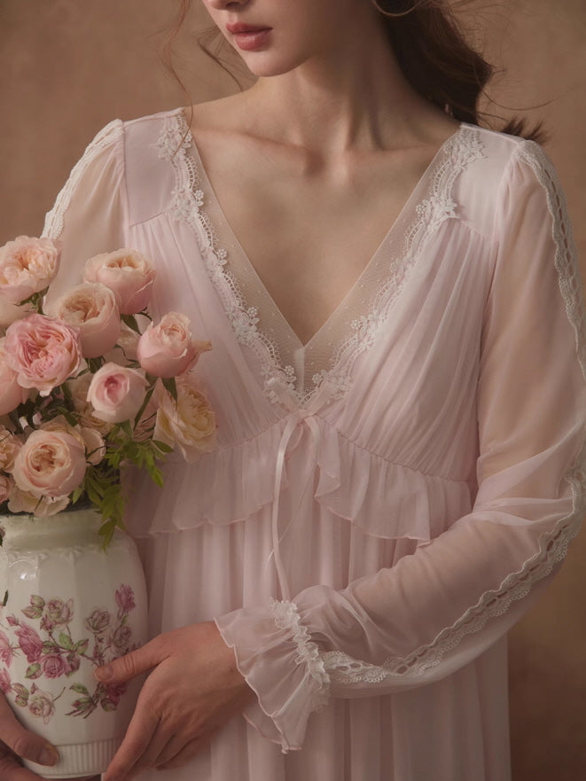 Ethereal Lace Trim Long Sleeve Nightgown