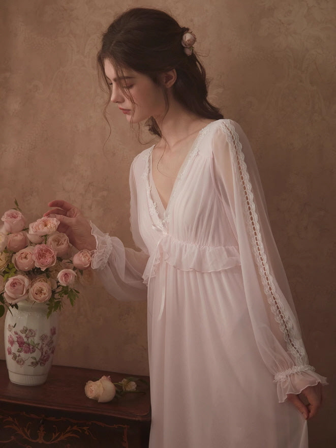 Ethereal Lace Trim Long Sleeve Nightgown