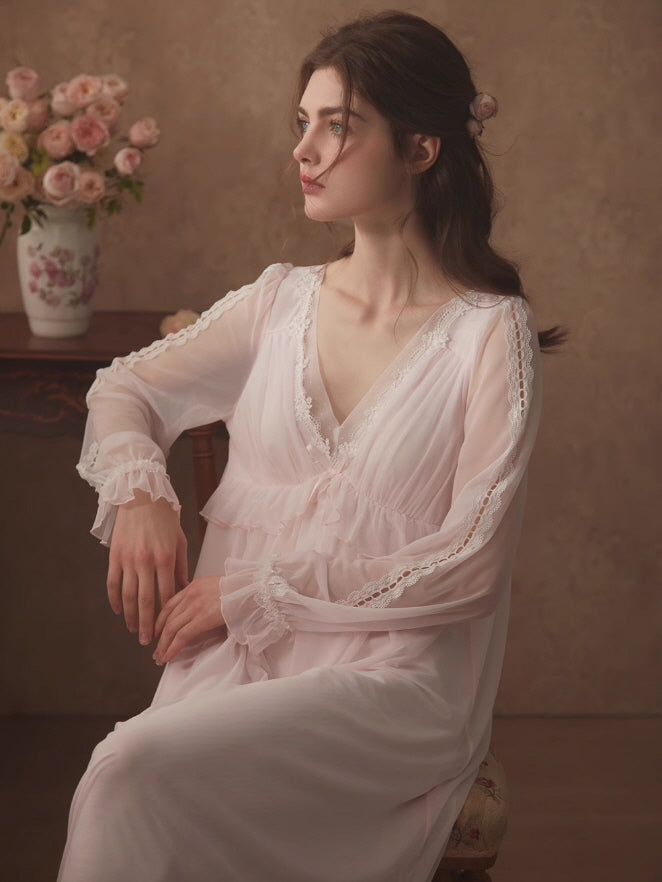Ethereal Lace Trim Long Sleeve Nightgown