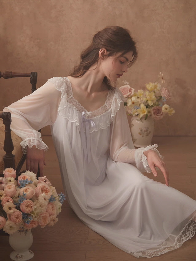 Ethereal Lace-Embroidered Long Nightdress