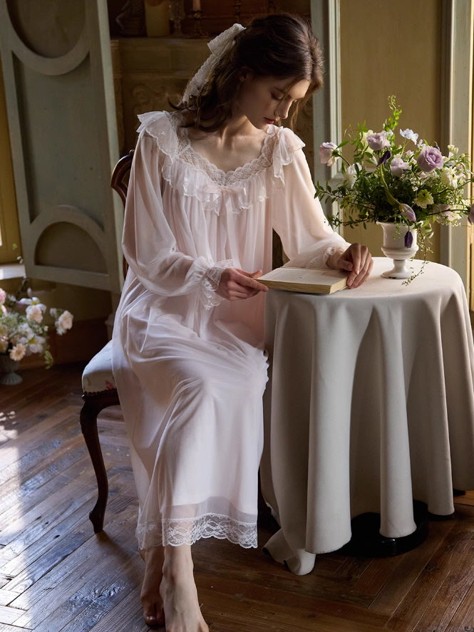 Ethereal Lace-Embroidered Long Nightdress Light Purple / S Ethereal Lace-Embroidered Long Nightdress Light Purple / S