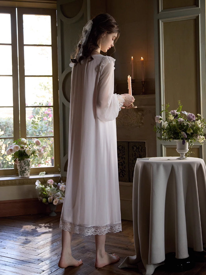 Ethereal Lace-Embroidered Long Nightdress