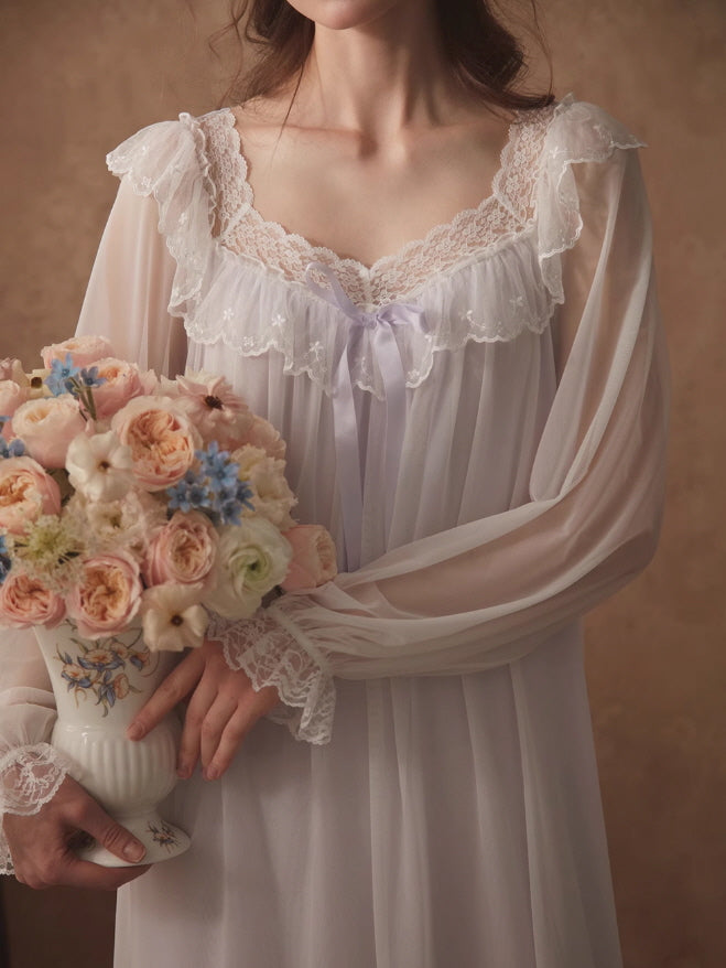 Ethereal Lace-Embroidered Long Nightdress