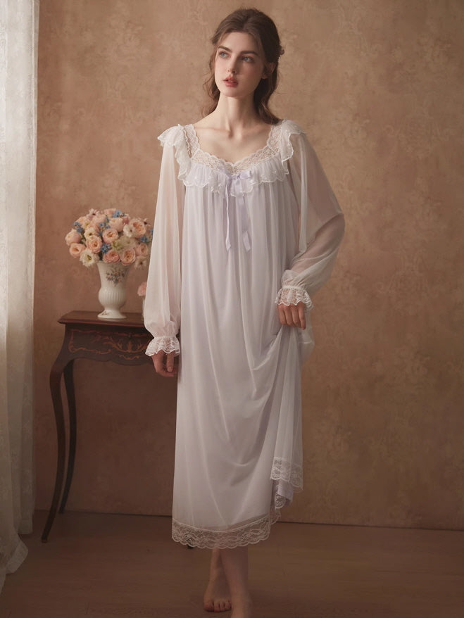 Ethereal Lace-Embroidered Long Nightdress