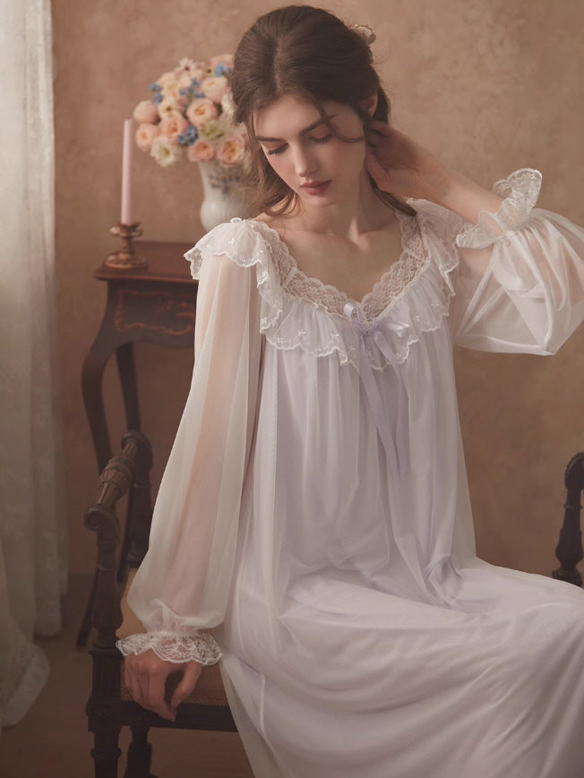 Ethereal Lace-Embroidered Long Nightdress