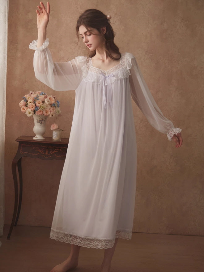 Ethereal Lace-Embroidered Long Nightdress