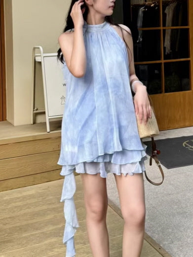 Ethereal Blue Ruffle Rose Halter Top