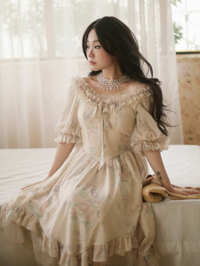 Ruffled Off-Shoulder Floral Pastel Dress